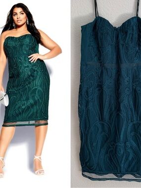 City Chic Plus Size Antonia Strapless Midi Dress - emerald green lace
